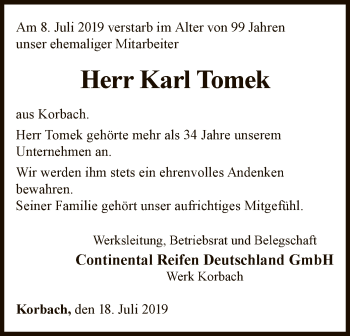 Traueranzeige von Karl Tomek von WLZ