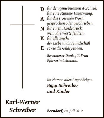 Traueranzeige von Karl-Werner Schreiber von WLZ