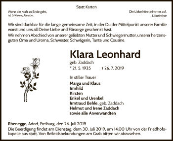 Traueranzeige von Klara Leonhard von WLZ