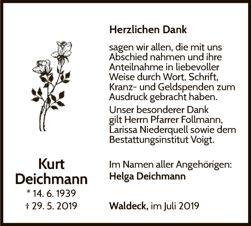  Traueranzeige für Kurt Deichmann vom 06.07.2019 aus WLZ