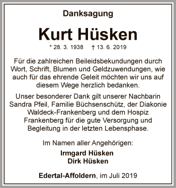 Traueranzeige von Kurt Hüsken von WLZ