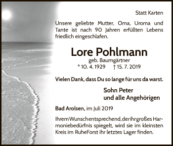 Traueranzeige von Lore Pohlmann von WLZ