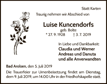 Traueranzeige von Luise Kuncendorfs von WLZ