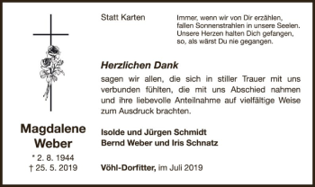 Traueranzeige von Magdalene Weber von WLZ