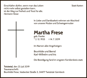 Traueranzeige von Martha Frese von WLZ