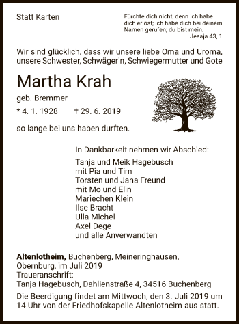 Traueranzeige von Martha Krah von WLZ