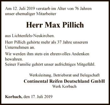 Traueranzeige von Max Pillich von WLZ