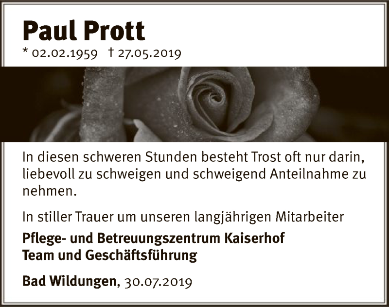  Traueranzeige für Paul Prott vom 30.07.2019 aus WLZ