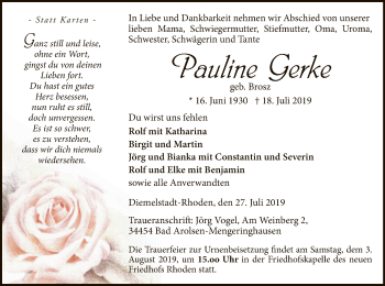 Traueranzeige von Pauline Gerke von WLZ