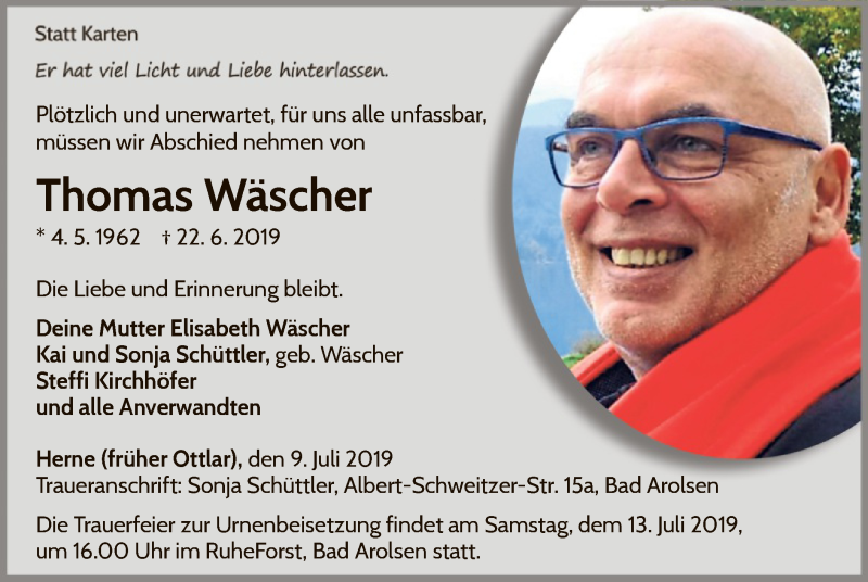  Traueranzeige für Thomas Wäscher vom 09.07.2019 aus WLZ