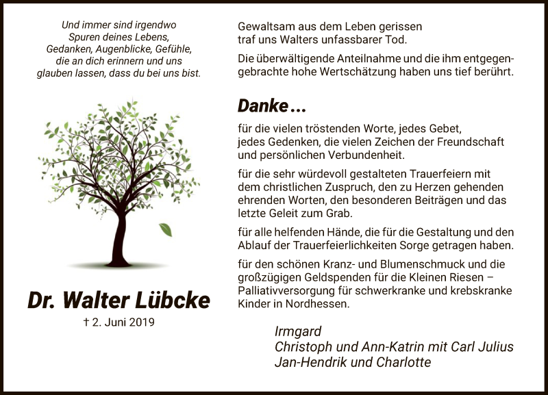  Traueranzeige für Walter Lübcke vom 20.07.2019 aus WLZ
