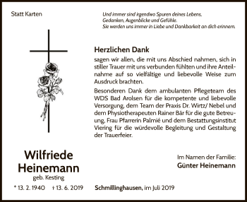 Traueranzeige von Wilfriede Heinemann von WLZ