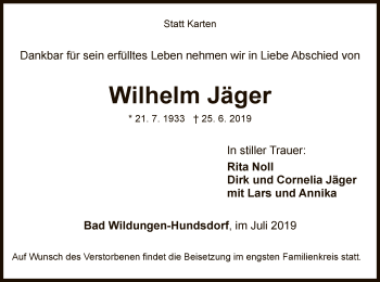 Traueranzeige von Wilhelm Jäger von WLZ