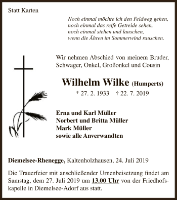 Traueranzeige von Wilhelm Wilke von WLZ