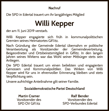 Traueranzeige von Willi Kepper von WLZ