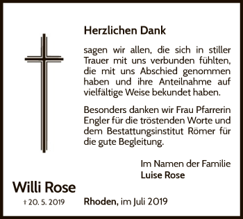 Traueranzeige von Willi Rose von WLZ