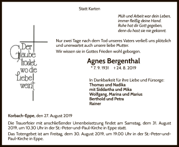 Traueranzeige von Agnes Bergenthal von WLZ