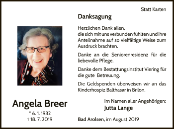 Traueranzeige von Angela Breer von WLZ