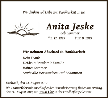 Traueranzeige von Anita Jeske von WLZ