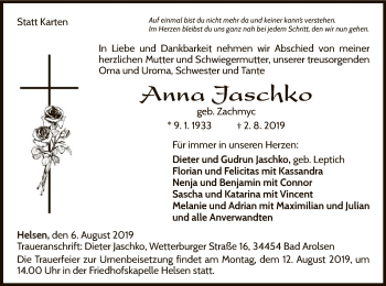 Traueranzeige von Anna Jaschko von WLZ