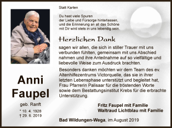 Traueranzeige von Anni Faupel von WLZ