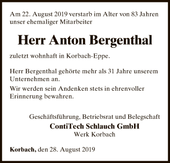 Traueranzeige von Anton Bergenthal von WLZ