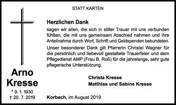 Traueranzeige von Arno Kresse von WLZ