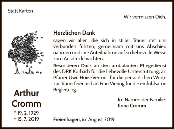 Traueranzeige von Arthur Cromm von WLZ