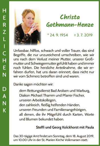 Traueranzeige von Christa Gothmann-Henze von WLZ
