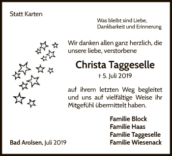 Traueranzeige von Christa Taggeselle von WLZ