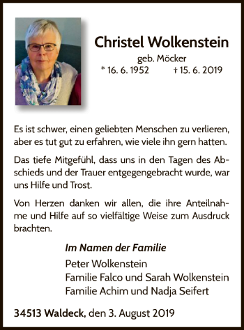 Traueranzeige von Christel Wolkenstein von WLZ