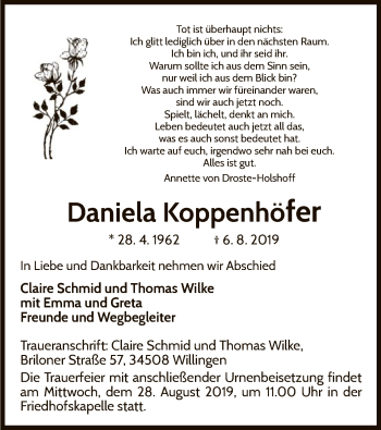 Traueranzeige von Daniela Koppenhöfer von WLZ