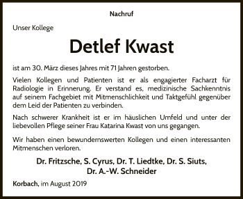 Traueranzeige von Detlef Kwast von WLZ