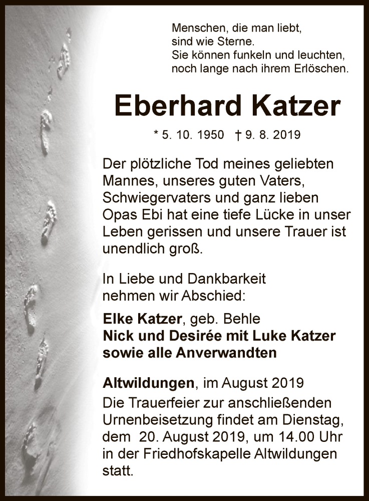 Traueranzeige für Eberhard Katzer vom 14.08.2019 aus WLZ
