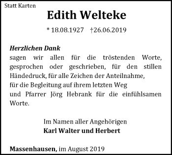 Traueranzeige von Edith Welteke von WLZ