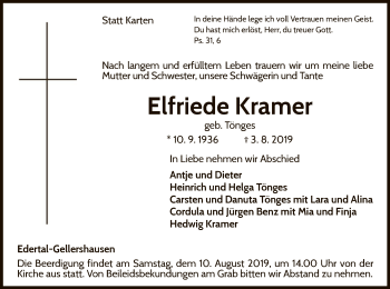 Traueranzeige von Elfriede Kramer von WLZ
