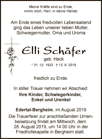 Traueranzeige von Elli Schäfer von WLZ