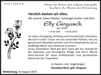 Traueranzeige von Elly Girgasch von WLZ