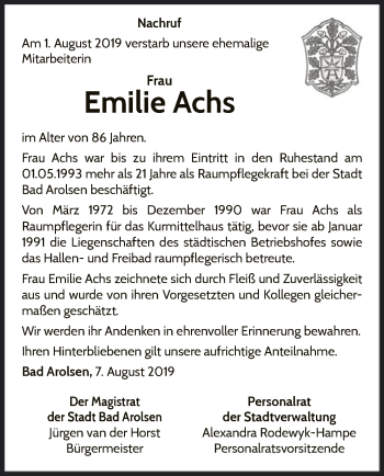 Traueranzeige von Emilie Achs von WLZ