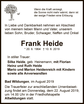 Traueranzeige von Frank Heide von WLZ