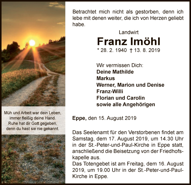 Traueranzeige für Franz Imöhl vom 15.08.2019 aus WLZ
