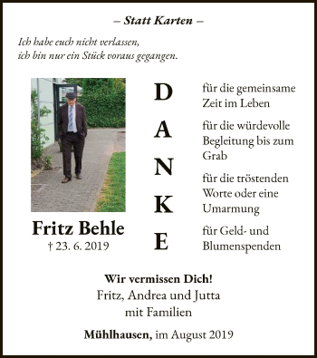 Traueranzeige von Fritz Behle von WLZ