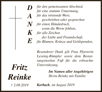 Traueranzeige von Fritz Reinke von WLZ