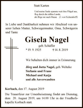 Traueranzeige von Gisela Nagel von WLZ