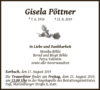 Traueranzeige von Gisela Pöttner von WLZ