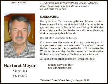 Traueranzeige von Hartmut Meyer von WLZ