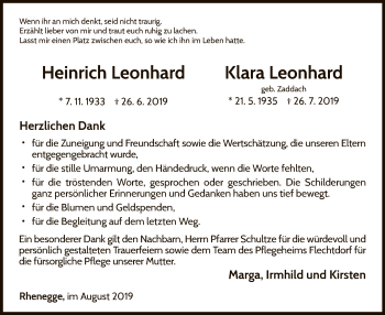 Traueranzeige von Heinrich und Klara Leonhard von WLZ