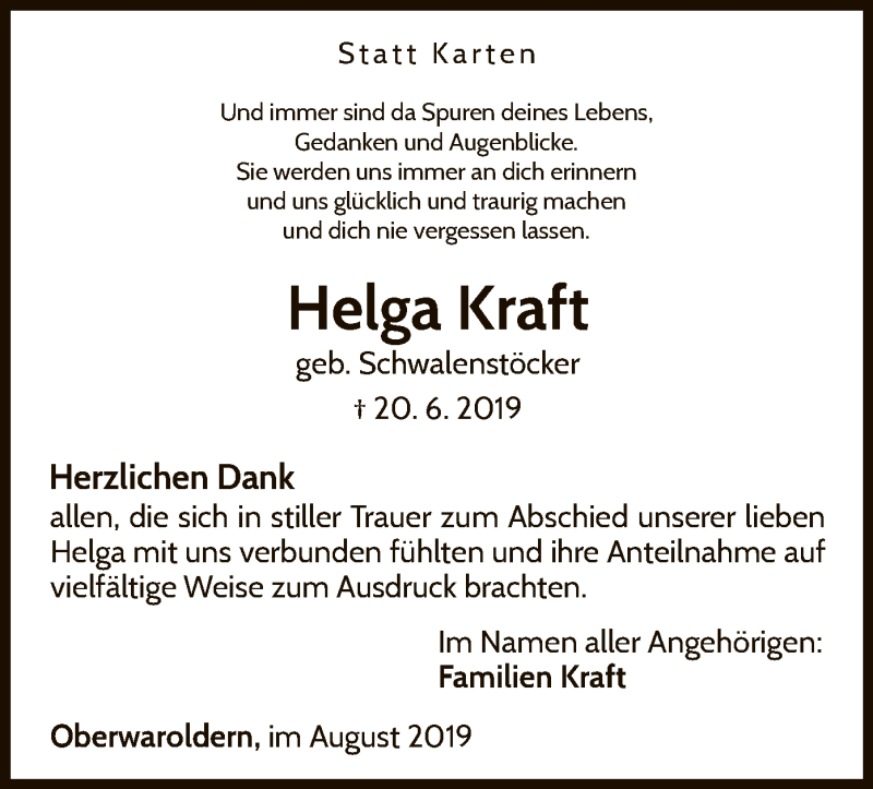  Traueranzeige für Helga Kraft vom 17.08.2019 aus WLZ