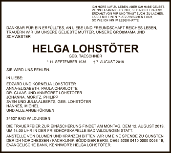 Traueranzeige von Helga Lohstöter von WLZ
