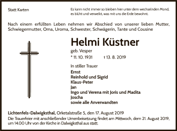 Traueranzeige von Helmi Kästner von WLZ